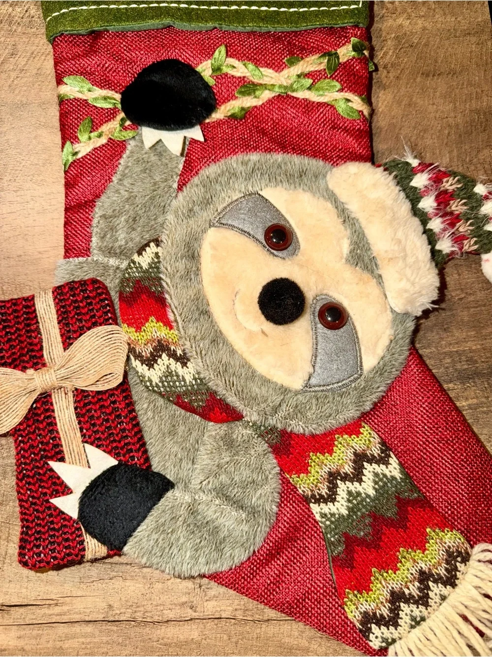 Festive Sloth Christmas Stocking in Green and Red